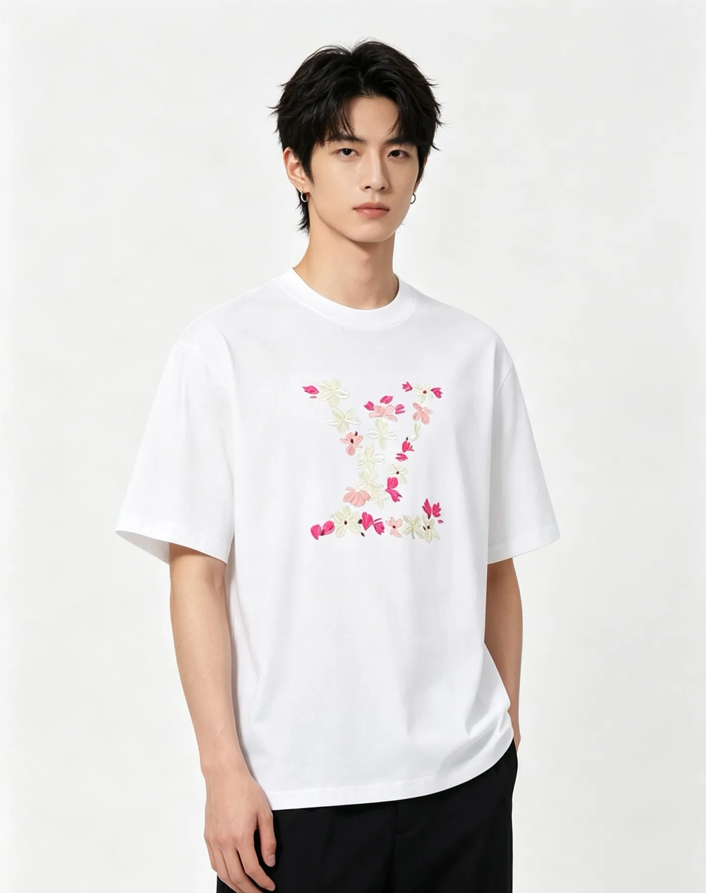 Louis Vuitton/Louis Vuitton 26ss cherry blossom embroidered LV logo short sleeves
